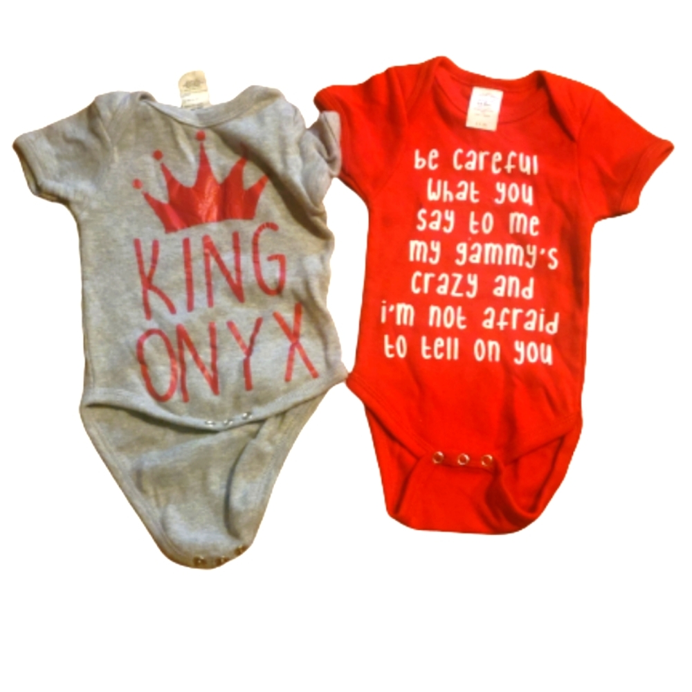 New Creations of Grace onesies. 3-6mos.. Red and gray.